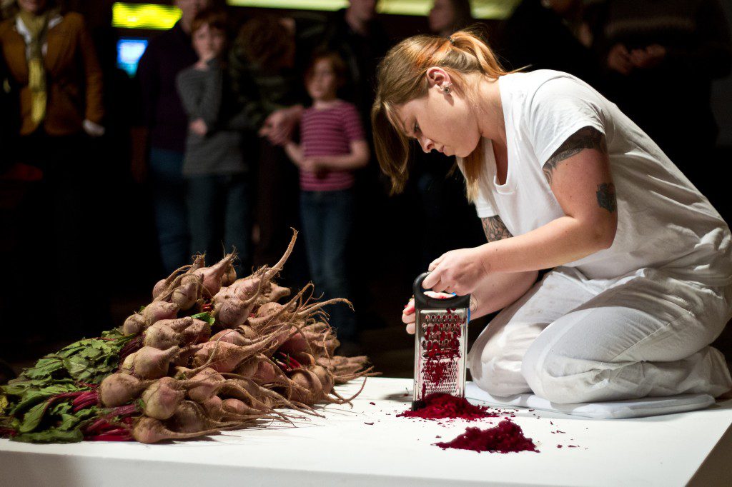 Alexandra Knox’s art installation explores her Ukrainian heritage utilizing food products, Plexiglas and sound. Photo courtesy Oklahoma Visual Arts Coalition.