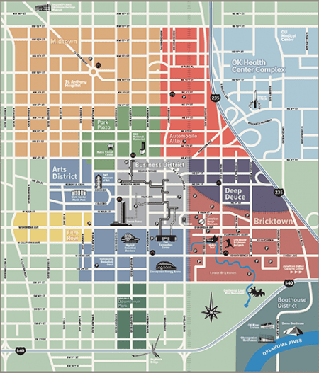 Downtown Oklahoma City’s many districts are color-coded in this map. Rendering courtesy Downtown Oklahoma City, Inc.