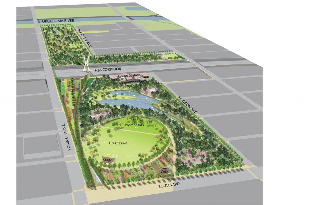 A rendering shows the planned Core to Shore park that will link I-40 to downtown Oklahoma City. Rendering courtesy City of Oklahoma City.