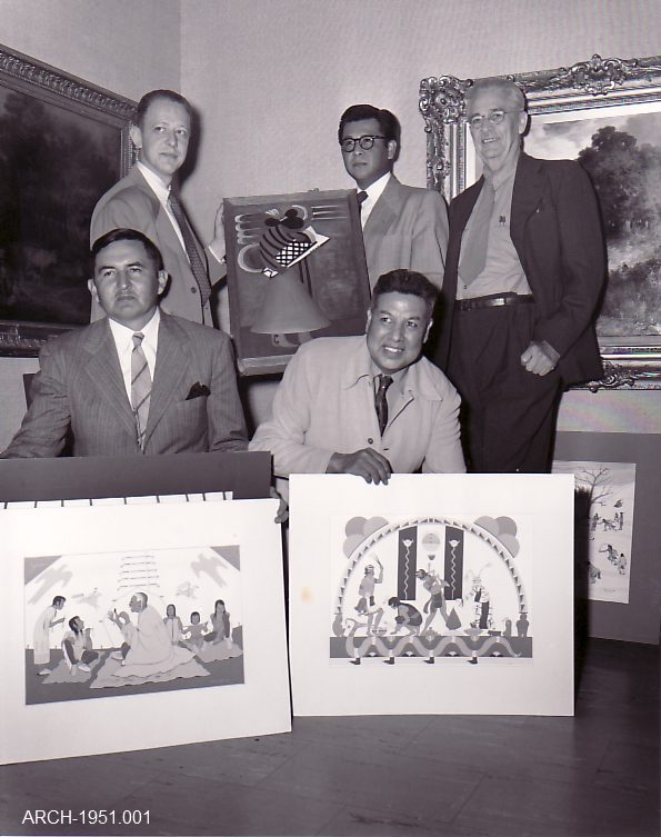 Allan Houser (front left) on the judging panel at the 1951 Philbrook Indian Annual with other judges: Wolf Robe Hunt (front right), Royal B. Hassrick (back row, from left to right), Blackbear Bosin and Oscar Jacobson. Photo courtesy Philbrook Museum of Art.