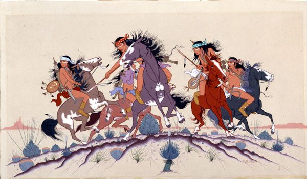 “Fresh Trail – Apache War Party,” by Allan Houser (Apache, 1914-1994), 1952. Image courtesy Philbrook Museum of Art. 