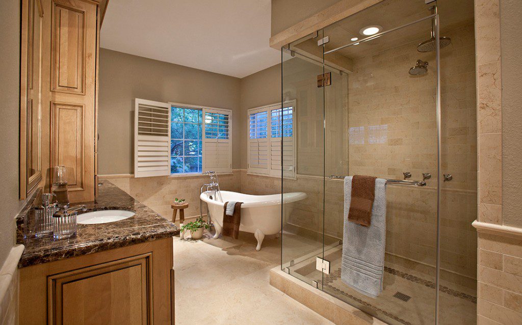 The master bath of this renovated home was designed to evoke the feel of a high-end spa. Photo by Scott Miller.