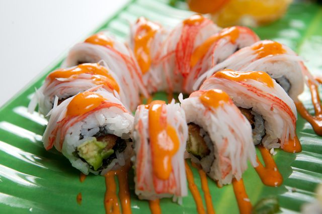 The Thunder roll – tempura shrimp, avocado and crabsticks drizzled in spicy mayo – is Nhinja Sushi & Wok’s homage to the Oklahoma City Thunder. Photo by Brent Fuchs.