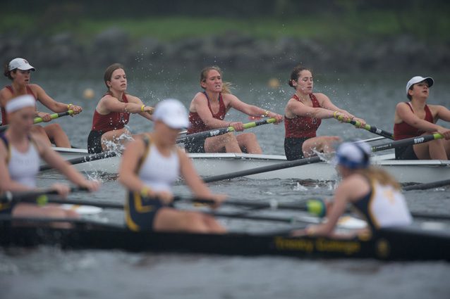 The Bates College Team (rear) competes in the NCAA women’s rowing championships, 2012. Photos by Steve Johnson/Maac.