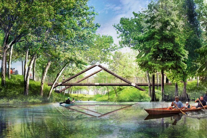 Renderings of the future riverfront park reveal the vision of a gathering place as a nature-rich environment for activities and community. Image courtesy A Gathering Place.