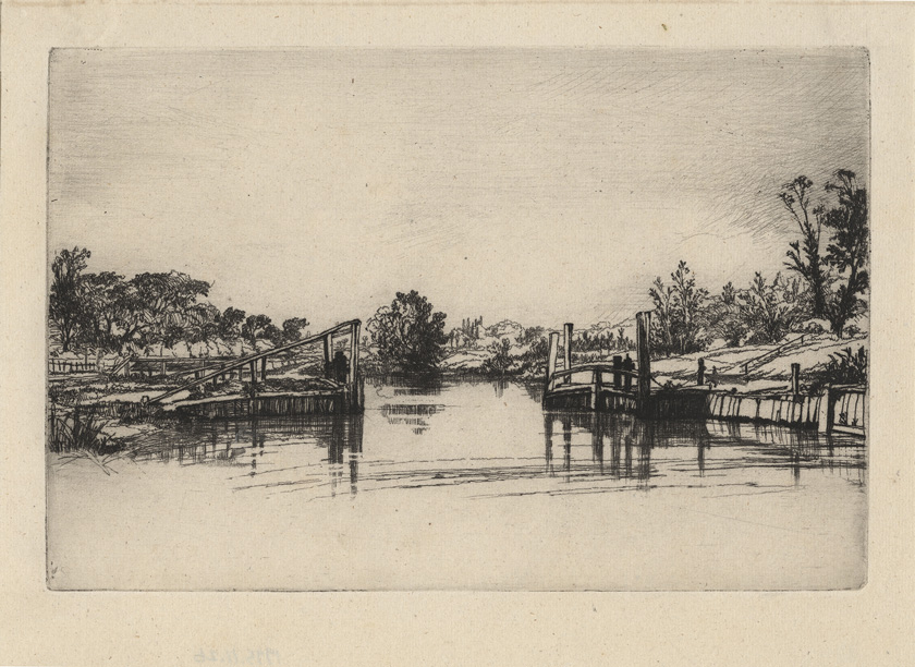 Egham Lock, 1859, Etching and drypoint, by Francis Seymour Haden. Courtesy of Philbrook. 
