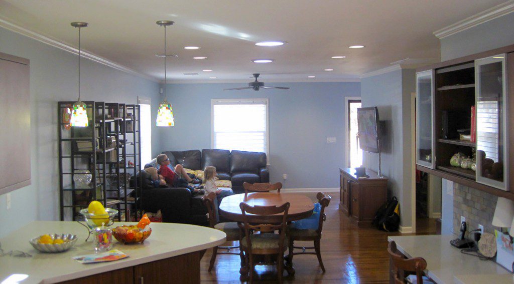 Burton created an open living, dining and kitchen area while using recessed lighting and led bulbs to assist natural light with brightening the space at a low cost. Photos courtesy Chad Burton.