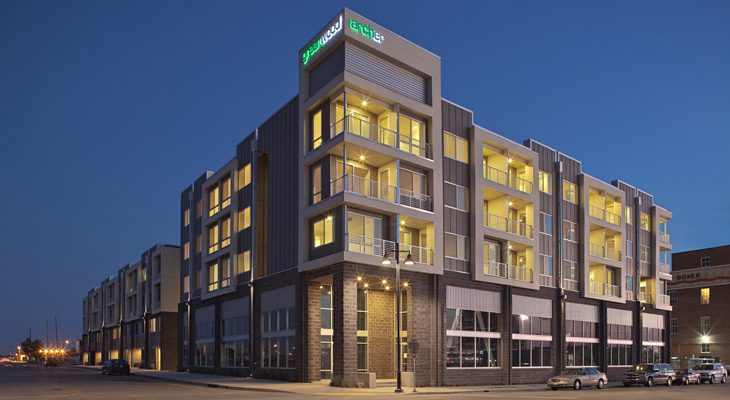 The GreenArch complex in the Greenwood District offers retail opportunities at the street level.  Photo courtesy GreenArch Apartments.