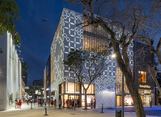 Louis Vuitton’s Miami Design District Store lights up at night. Photo by Robin Hill.