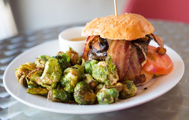 The Heavenly Burger is served with a side of Brussels sprouts at Urban WineWorks.
