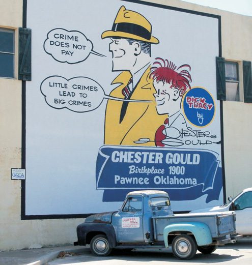 A Mural of a Dick Tracy Strip splays a wall on sixth and Harrison Streets in Pawnee’s downtown Square.