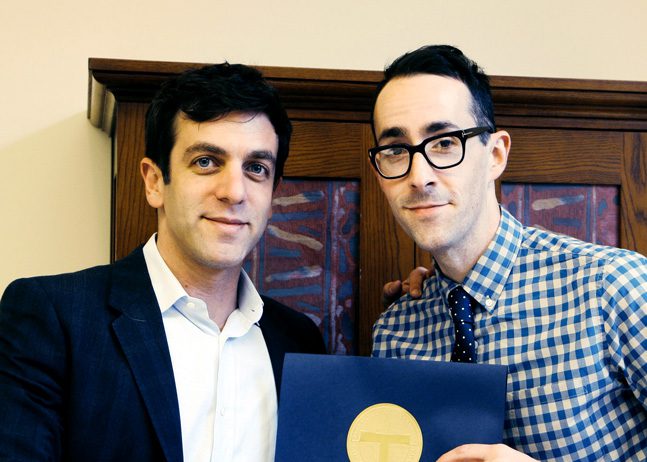 Jeff Martin (right) stands with writer, director, actor and comedian B.J. Novak at a 2014 Booksmart Tulsa event. Photo courtesy Booksmart Tulsa.