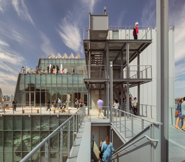 The Whitney Museum of American Art’s new building in New York City is made up of nine floors, featuring 50,000 square feet of indoor galleries and 13,000 square feet of outdoor exhibition space.  Photo by Nic Lehoux, courtesy Whitney Museum of American Art.