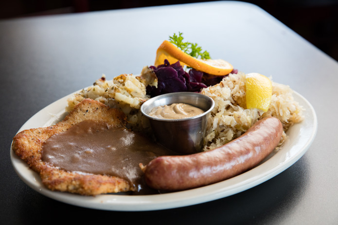 Bratwurst and schnitzel plate. Photo by Brent Fuchs.