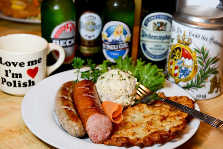 The Oktoberfest Delight: two sausages served with potato salad and a crispy potato pancake. Photo by Natalie Green.