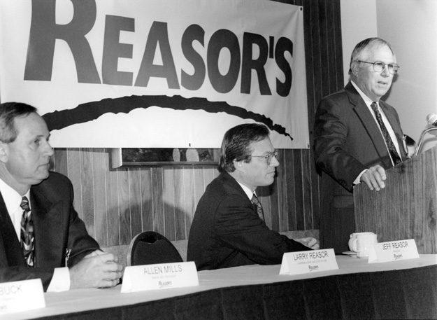 Larry Reasor addresses a crowd in 1999. Photo courtesy Reasor's Foods.