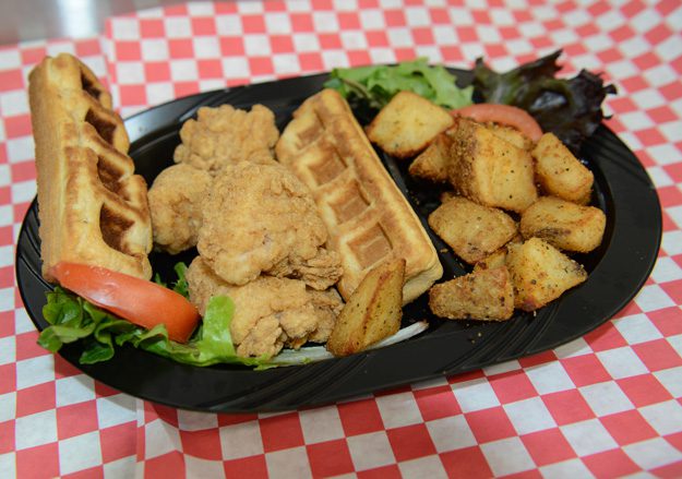 The chicken and waffles are a favorite on Wednesdays at the BA Curbside Café. Photo by Natalie Green.
