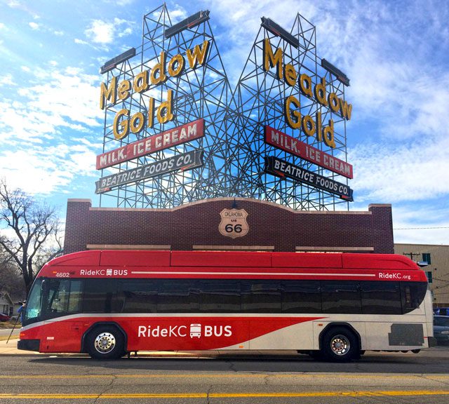 Tulsa brought in a bus used in Kansas City’s bus rapid transit system recently. the system is designed to provide high-quality mass transit with stations upgraded to run more like train stations. Photo courtesy Tulsa Transit.