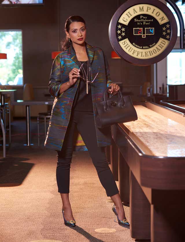 Akris Punto northern light 3/4 sleeve jacket, $1690; St. John shimmer knit top, $495; St. John shimmer knit shawl, $795; St. John stretch pants, $395; Manolo Blahnik multicolored pump, $775; Jimmy Choo smooth leather tote, 1375; Alexis Bittar green gemstone wire earrings, $145; Alexis Bittar crystal tassel necklace, 195; Alexis Bittar crystal-encrusted custom link station necklace, $195; Alexis Bittar faceted bangles in jungle green, white and light blue, $65 each, all from SAKS Fifth Avenue; Masunga lipstick red and gold sunglasses, $399, Hicks Brunson.