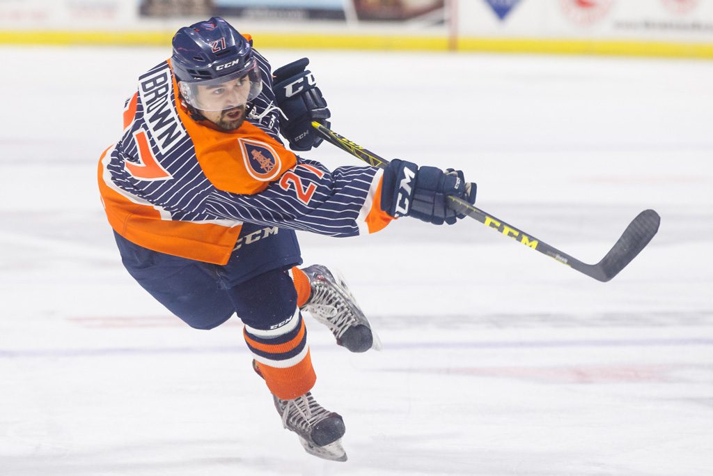 Oilers defenseman Dennis Brown plays against the Wichita Thunder. Photo by Kevin Pyle