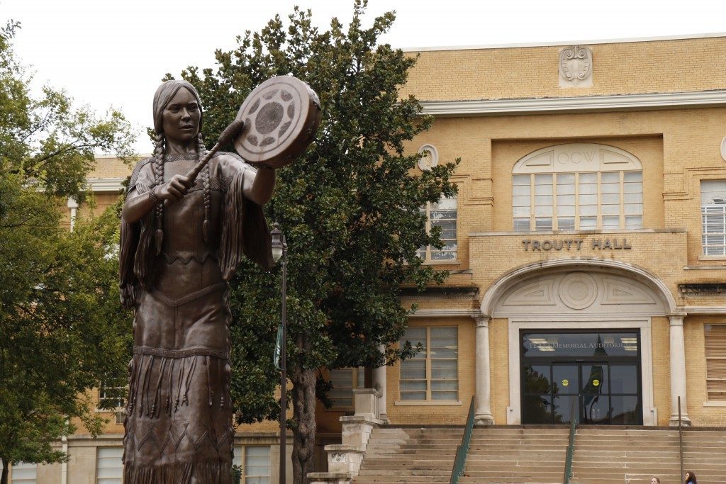 A bronze statue of Chickasaw performaer Te Ata, whose name means Bearer of the Morning, stands outside Troutt Hall at the University of Science and Arts of Oklahoma. Photo courtesy USAO