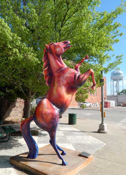 Durant has multiple horse statues lining its lively main street. Photo courtesy Durant Chamber of Commerce.