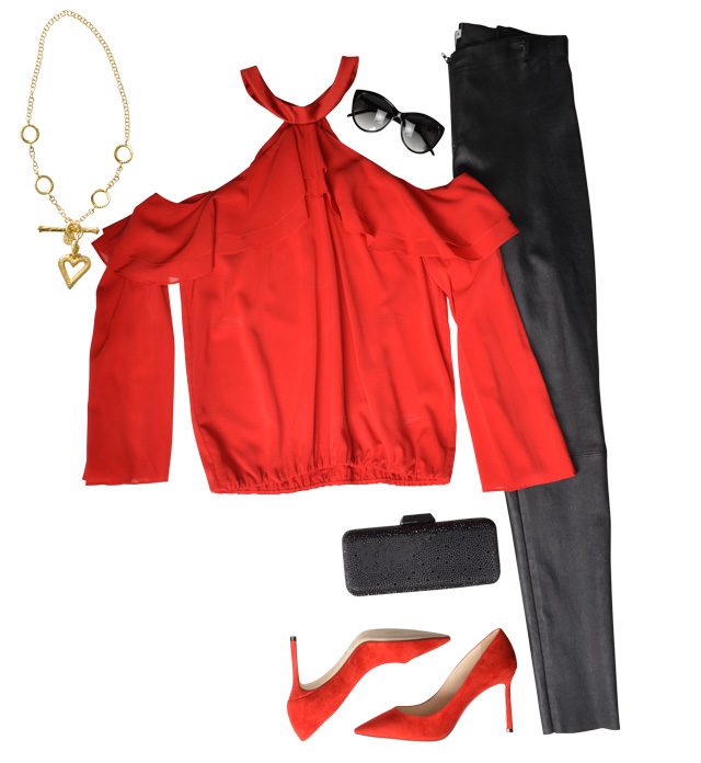 Alice and Olivia cold-shoulder ruffle top, $295; Alice and Olivia front-zip leather leggings, $798; Long rectangular clutch, $250; Jimmy Choo suede point-toe pumps, $595, Saks Fifth Avenue. Circle link necklace with toggle clasp, $9,910; Open heart fob with beading, $5,965, Bruce G. Weber Precious Jewels. Robert Marc black sunglasses, $479, Visions.