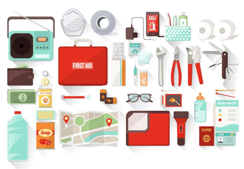 Survival emergency kit for evacuation, vector objects set on white background