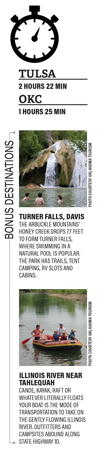 Turner Falls, Davis The Arbuckle Mountains’ Honey Creek drops 77 feet to form Turner Falls, where swimming in a natural pool is popular. The park has trails, tent camping, RV slots and cabins. Illinois River near Tahlequah Canoe, kayak, raft or whatever literally floats your boat is the mode of transportation to take on the gently flowing Illinois River. Outfitters and campsites abound along state Highway 10.