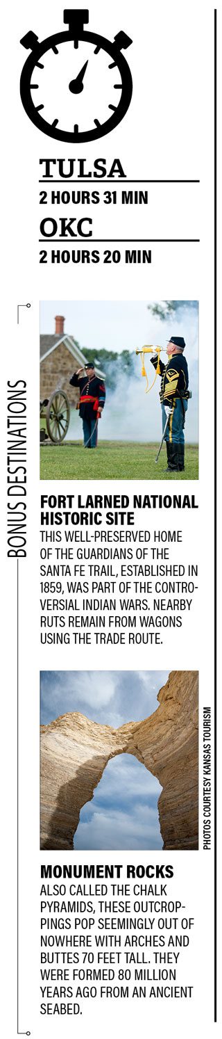 Fort Larned National Historic Site This well-preserved home of the Guardians of the Santa Fe Trail, established in 1859, was part of the controversial Indian Wars. Nearby ruts remain from wagons using the trade route. Monument Rocks Also called the Chalk Pyramids, these outcroppings pop seemingly out of nowhere with arches and buttes 70 feet tall. They were formed 80 million years ago from an ancient seabed.