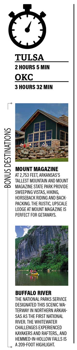 Mount Magazine At 2,753 feet, Arkansas’s tallest mountain and Mount Magazine State Park provide sweeping vistas, hiking, horseback riding and backpacking. The rustic, upscale Lodge at Mount Magazine is perfect for getaways. Buffalo River The National Parks Service designated this scenic waterway in northern Arkansas as the first National River. The Whitewater challenges experienced kayakers and rafters., and Hemmed-in-Hollow Falls is a 209-foot highlight.