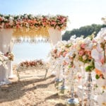 Wedding set up on beach. Tropical outdoor wedding party on beach