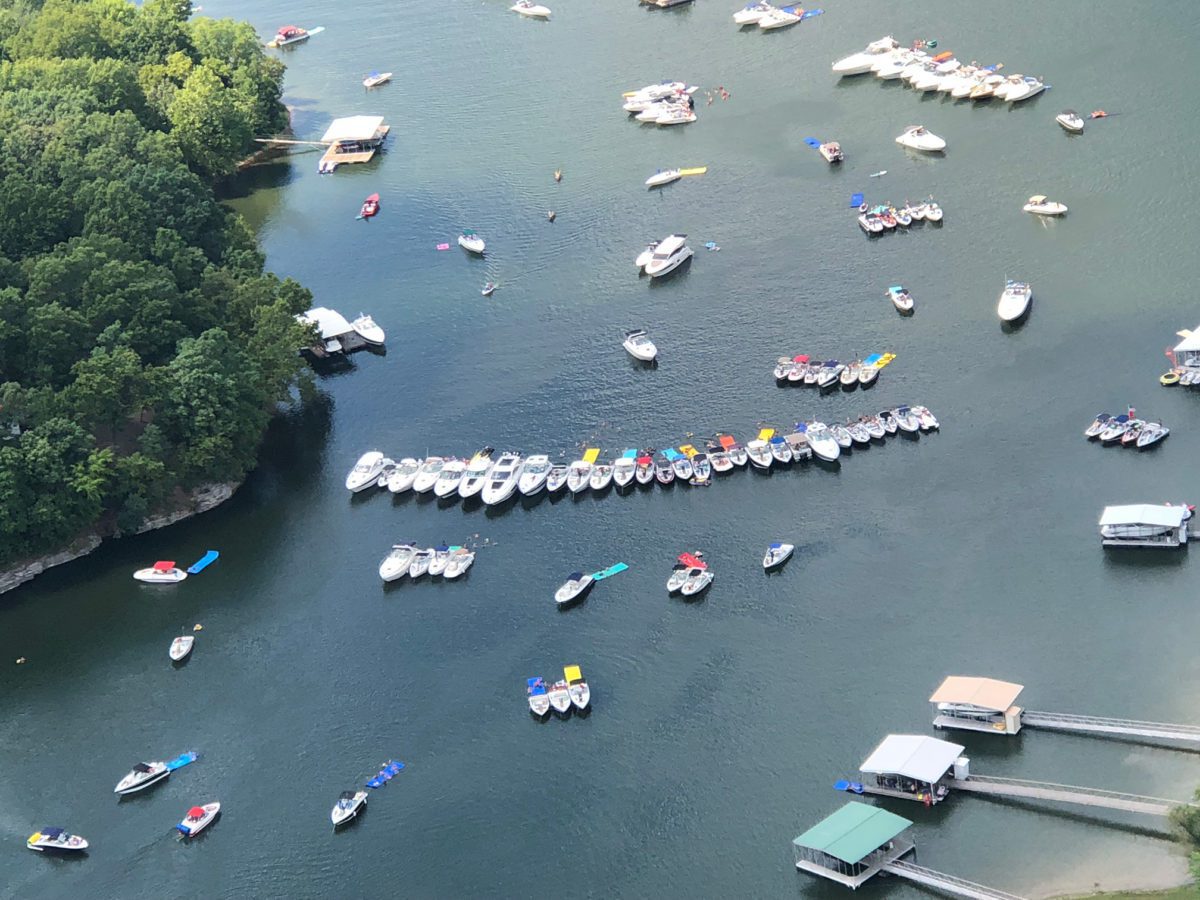 Many boats often gather together at Grand Lake for on-the-water festivities.
Photo courtesy GRDA