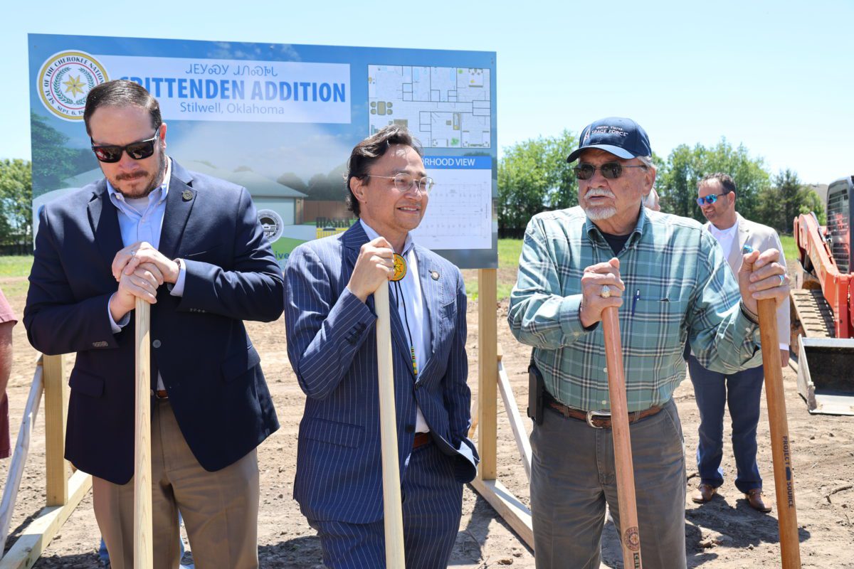 Chuck Hoskin, Jr. (center), chief of the Cherokee Nation, commences the Crittenden Housing Groundbreaking in Stilwell. Photo courtesy the Cherokee Nation