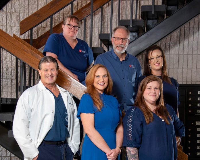 Front row, L-R: Dr. Michael Gorman, Rachel Arnold – Executive Director, Tifafny Hughes – Business Manager Back row, L-R: Michek Swift – LPN, David Peterson – Chaplain, Amber Rasnake – Account Executive