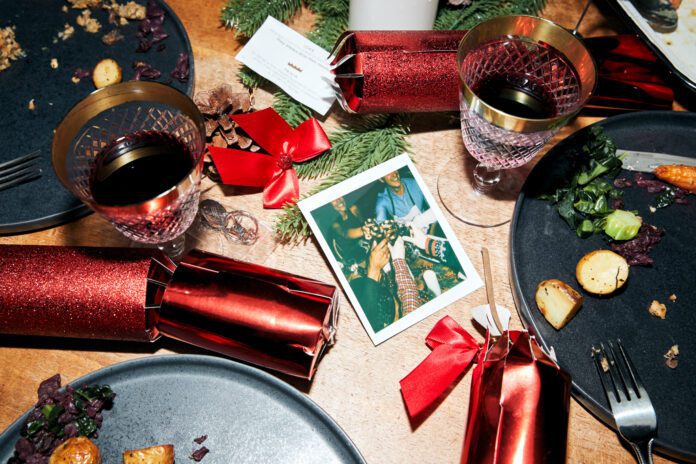 Messy Table With Leftover Vegetarian Meal After Christmas Lunch With Instant Film Print