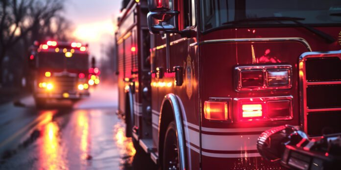 Fire trucks in action on a street. Suitable for emergency response and firefighting concepts